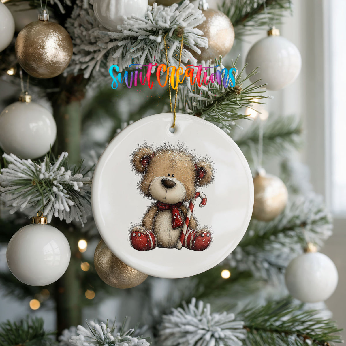 teddy bear with a candy cane and red Christmas ornament ceramic Christmas ornament hanging on a frosted tree with ornaments