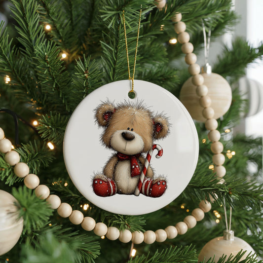 Teddy Bear With Candy Cane And Red Ornament, ceramic Christmas ornament, front view