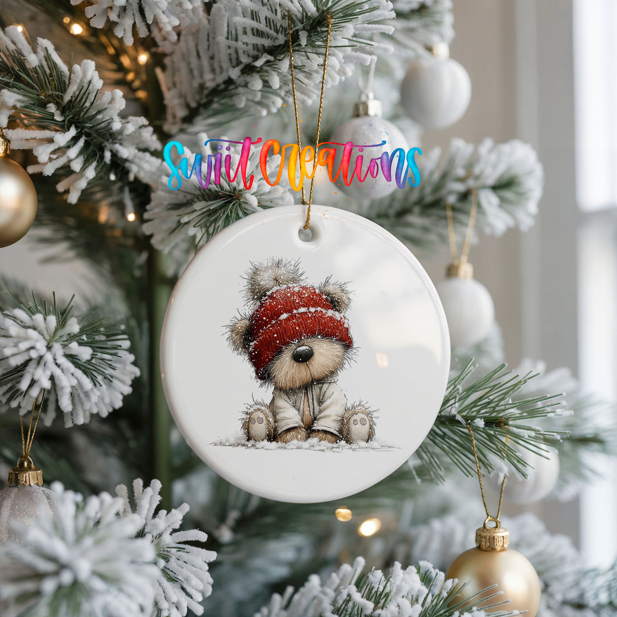 teddy bear in a red winter hat ceramic Christmas ornament hanging on a frosted Christmas tree