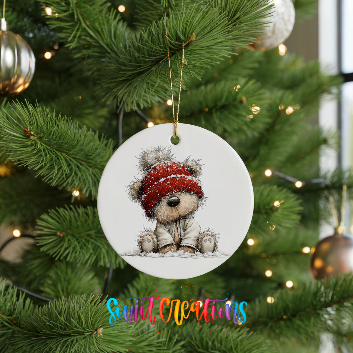 teddy bear in a red winter hat ceramic Christmas ornament hanging on a lit Christmas tree
