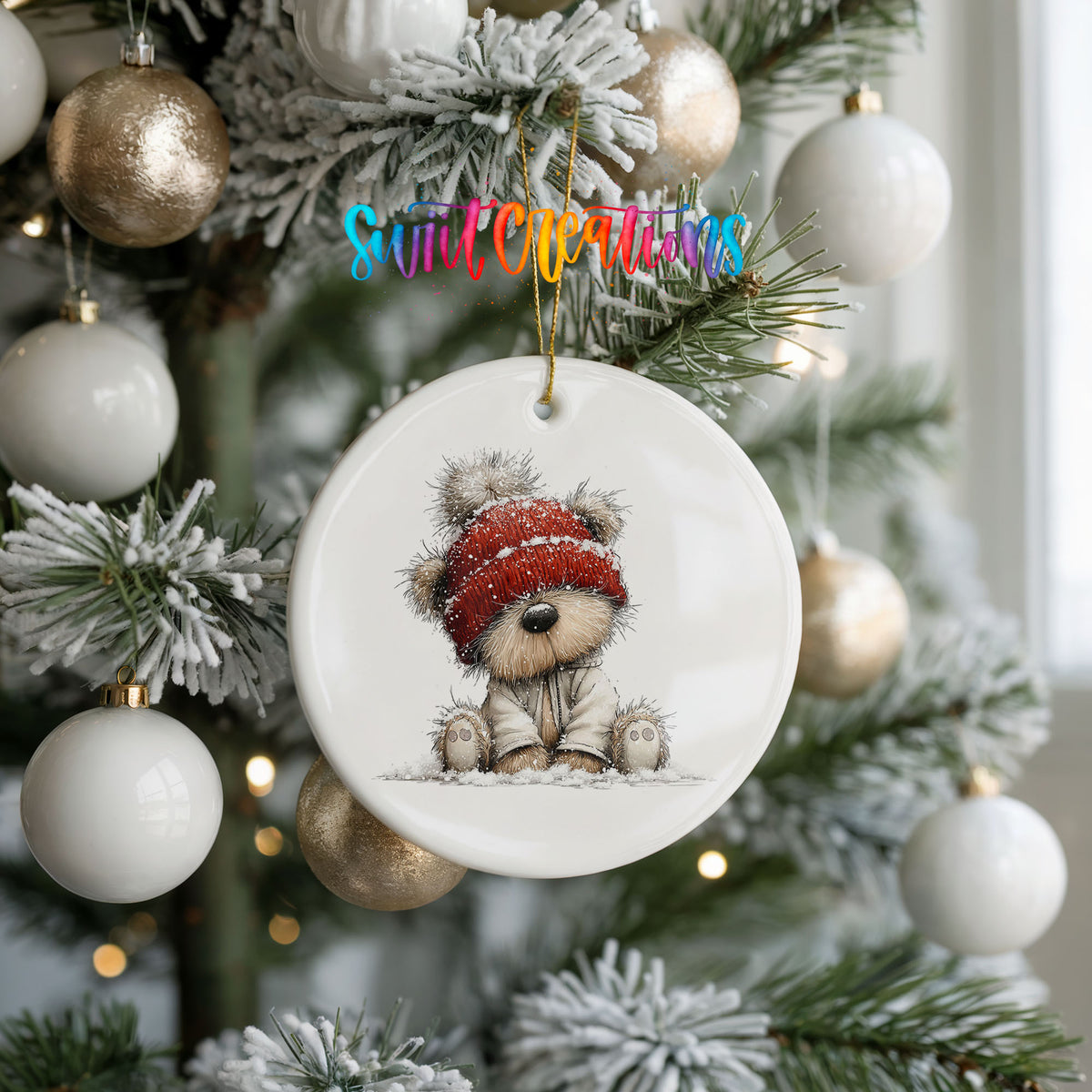 teddy bear in a red winter hat ceramic Christmas ornament hanging on a frosted tree with ornaments