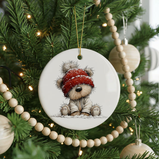 Teddy Bear In Red Winter Hat ceramic Christmas ornament, front view