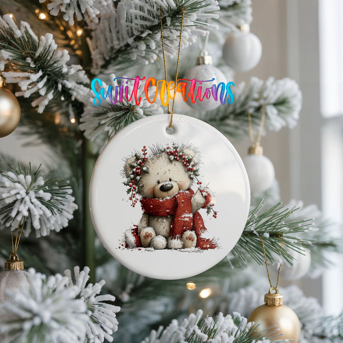 teddy bear with a red scarf and winter greenery ceramic Christmas ornament hanging on a frosted Christmas tree