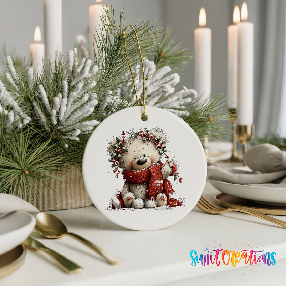 teddy bear with a red scarf and winter greenery ceramic Christmas ornament shown in a holiday table setting