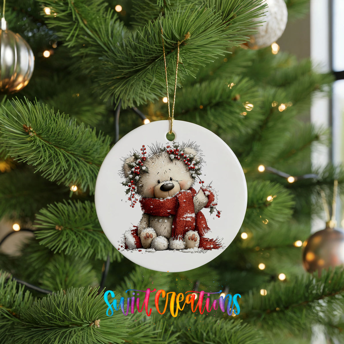 teddy bear with a red scarf and winter greenery ceramic Christmas ornament hanging on a lit Christmas tree