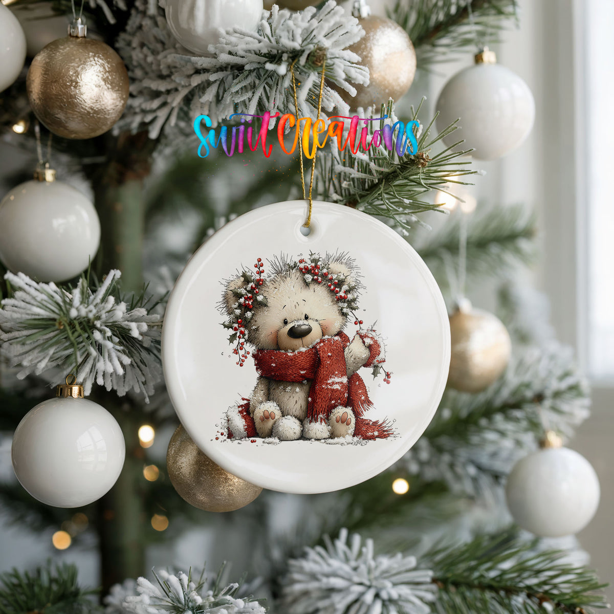 teddy bear with a red scarf and winter greenery ceramic Christmas ornament hanging on a frosted tree with ornaments