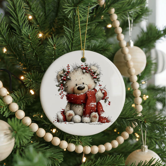 Teddy Bear With Red Scarf And Winter Greenery ceramic Christmas ornament, front view