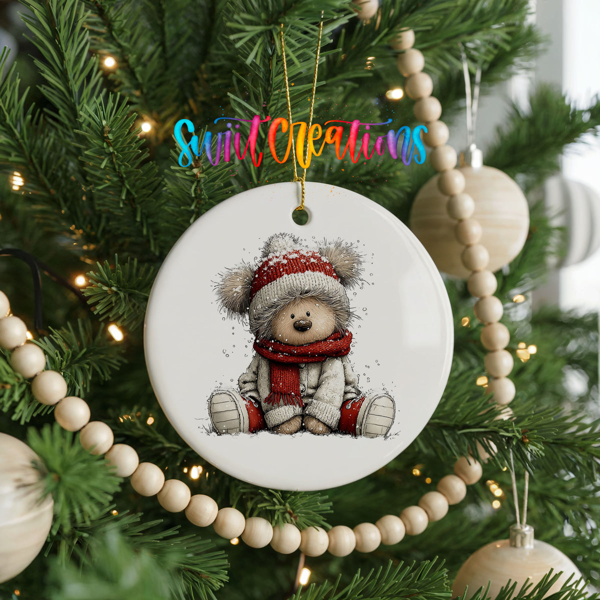 seated teddy bear in a red hat and scarf ceramic Christmas ornament hanging on a green Christmas tree