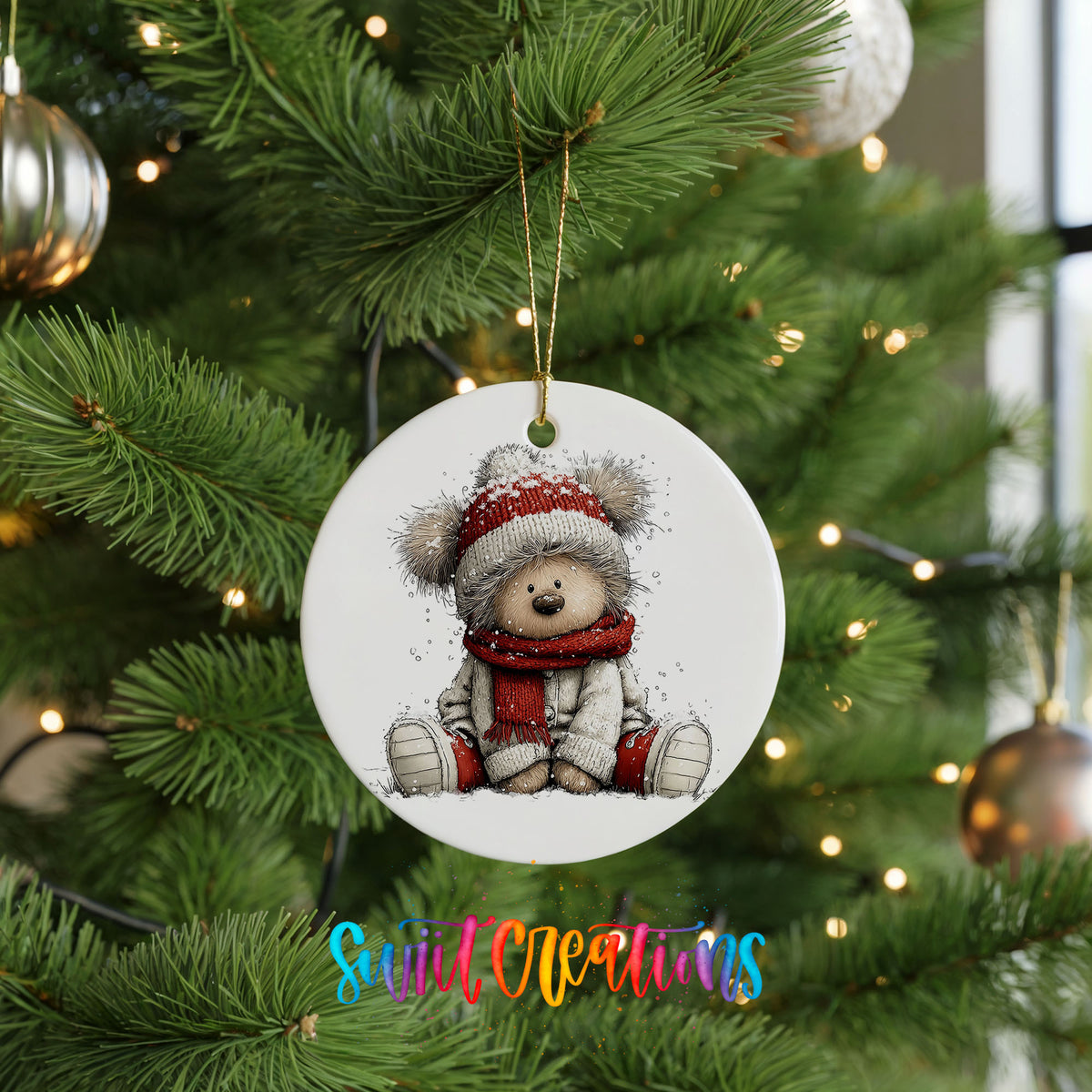 seated teddy bear in a red hat and scarf ceramic Christmas ornament hanging on a lit Christmas tree