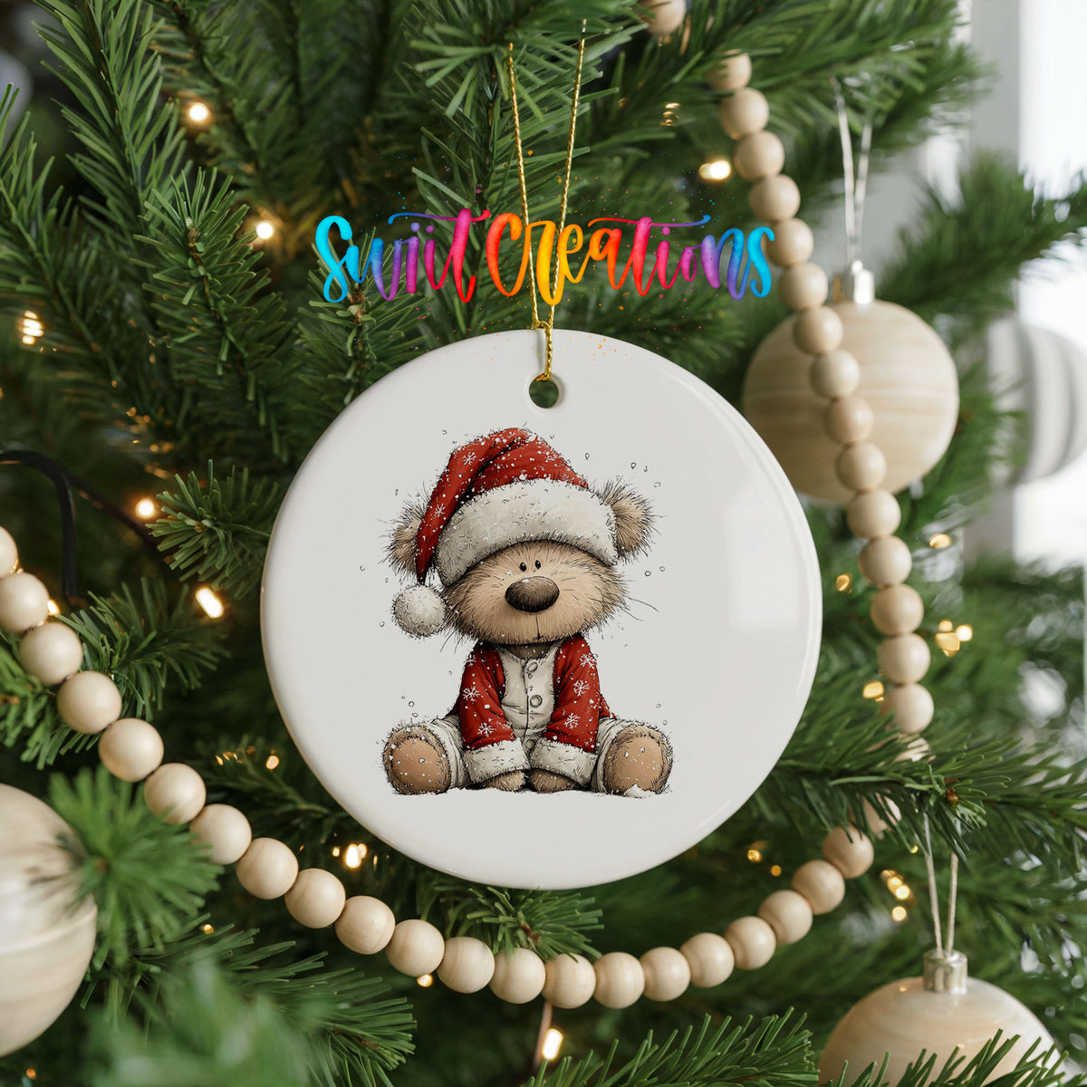 teddy bear in a Santa hat and red coat ceramic Christmas ornament hanging on a green Christmas tree