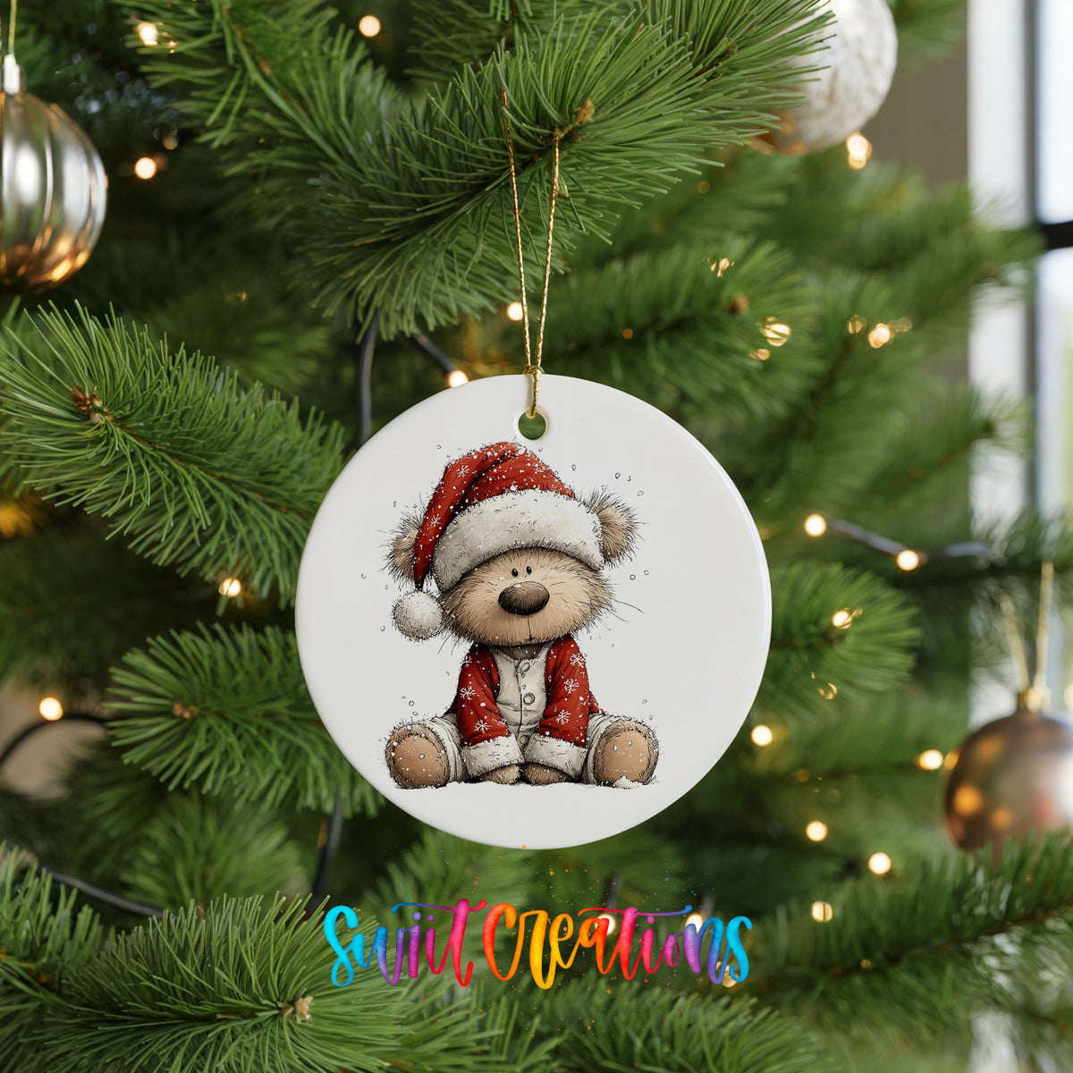 teddy bear in a Santa hat and red coat ceramic Christmas ornament hanging on a lit Christmas tree