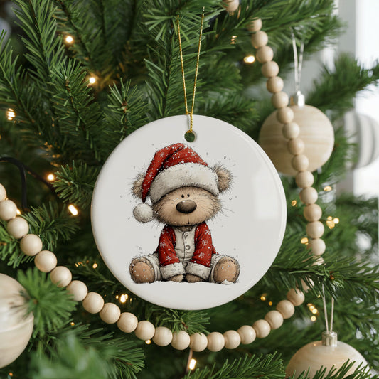 Teddy Bear In Santa Hat And Red Coat ceramic Christmas ornament, front view