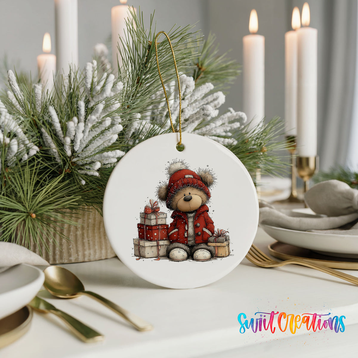 teddy bear in a red coat beside Christmas gifts ceramic Christmas ornament shown in a holiday table setting