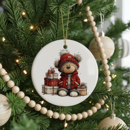Teddy Bear With Christmas Gifts ceramic Christmas ornament, front view