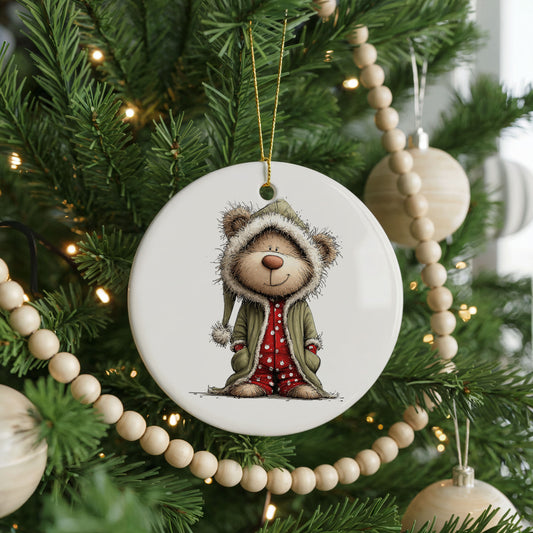 Teddy Bear In Gray Hooded Coat ceramic Christmas ornament, front view