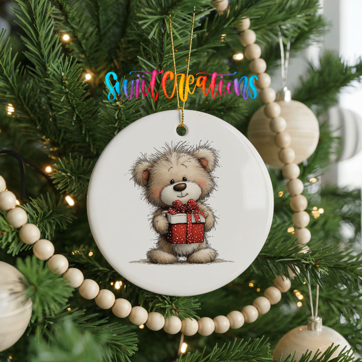 teddy bear holding a red Christmas gift ceramic Christmas ornament hanging on a green Christmas tree