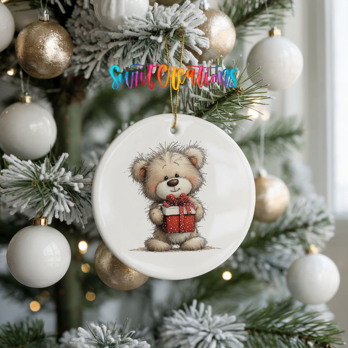 teddy bear holding a red Christmas gift ceramic Christmas ornament hanging on a frosted tree with ornaments