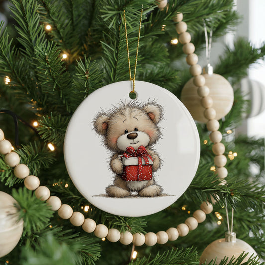 Teddy Bear Holding Red Christmas Gift ceramic Christmas ornament, front view