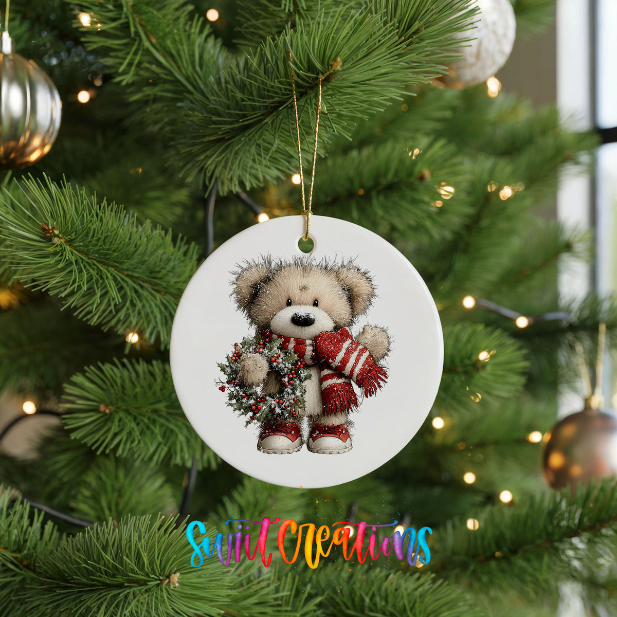 teddy bear with a red striped scarf and holly wreath ceramic Christmas ornament hanging on a lit Christmas tree