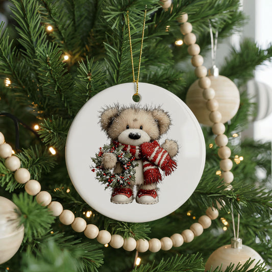 Teddy Bear With Holly Wreath ceramic Christmas ornament, front view