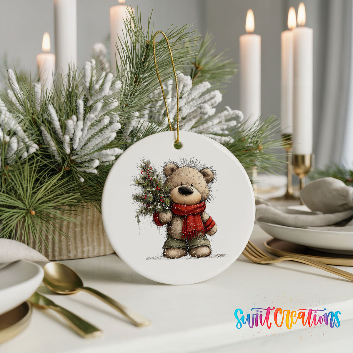 teddy bear in a red scarf holding a Christmas tree ceramic Christmas ornament shown in a holiday table setting