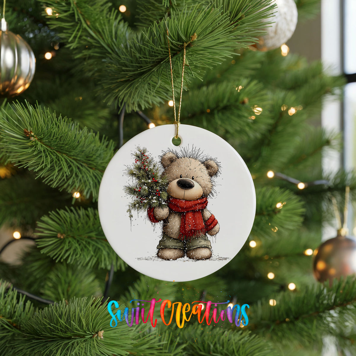 teddy bear in a red scarf holding a Christmas tree ceramic Christmas ornament hanging on a lit Christmas tree
