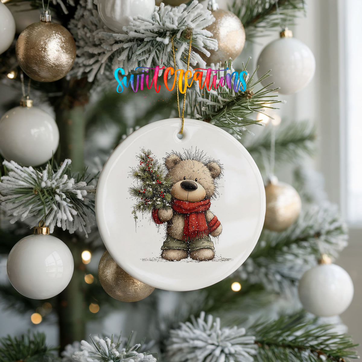 teddy bear in a red scarf holding a Christmas tree ceramic Christmas ornament hanging on a frosted tree with ornaments