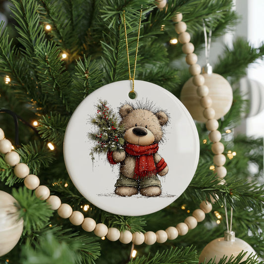 Teddy Bear Holding Christmas Tree ceramic Christmas ornament, front view