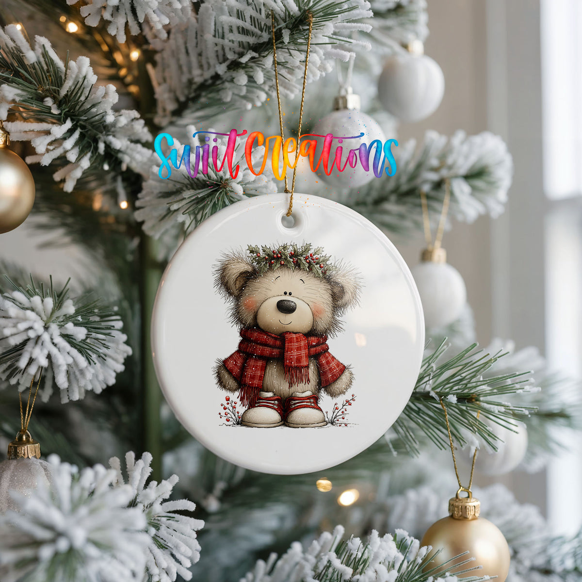 teddy bear in a red plaid scarf with holly ceramic Christmas ornament hanging on a frosted Christmas tree