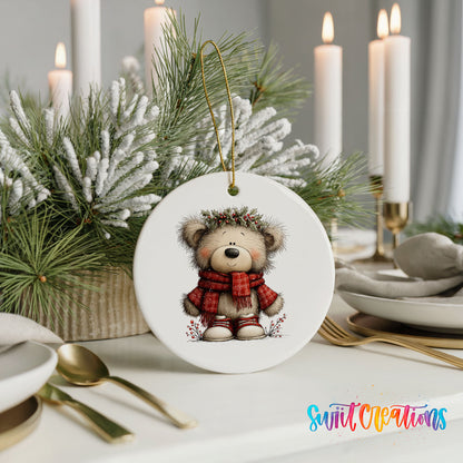 teddy bear in a red plaid scarf with holly ceramic Christmas ornament shown in a holiday table setting
