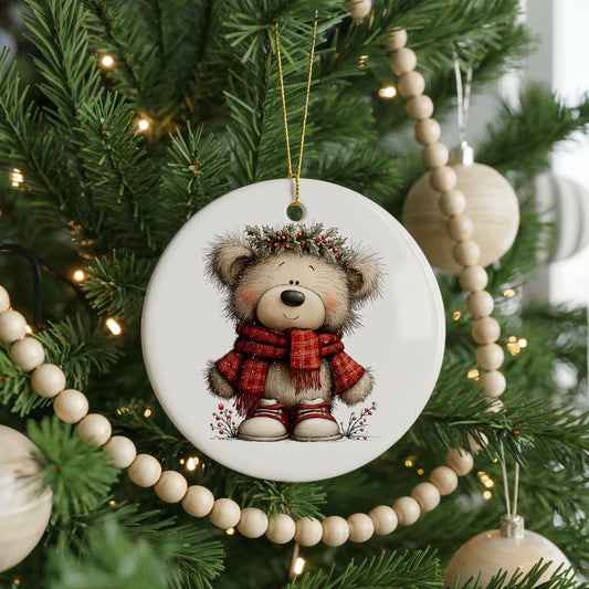 Teddy Bear In Red Plaid Scarf With Holly ceramic Christmas ornament, front view