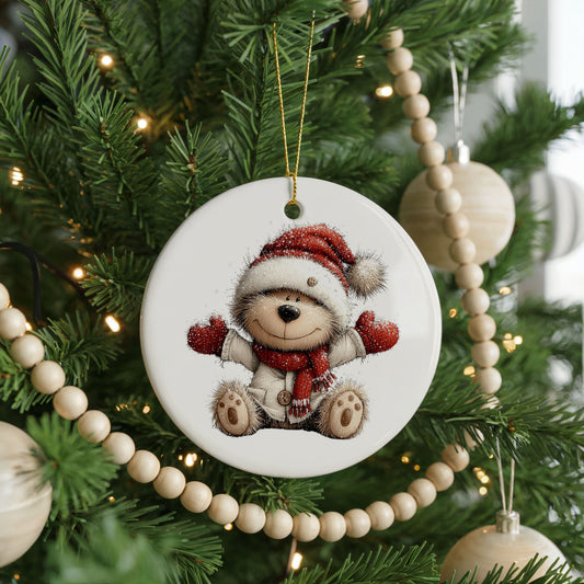Seated Teddy Bear In Santa Hat ceramic Christmas ornament, front view
