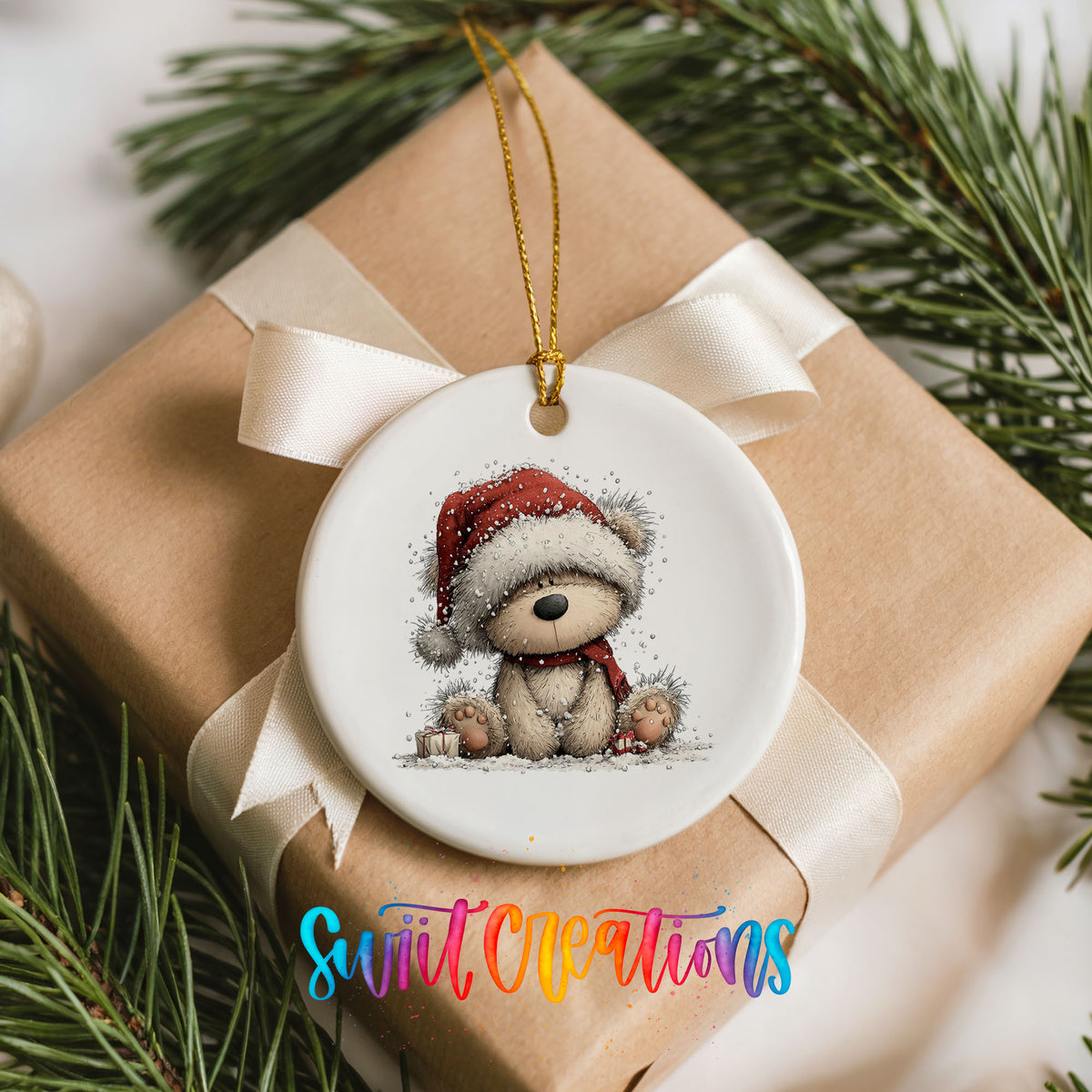 seated teddy bear in a red Santa hat ceramic Christmas ornament displayed on a wrapped Christmas gift