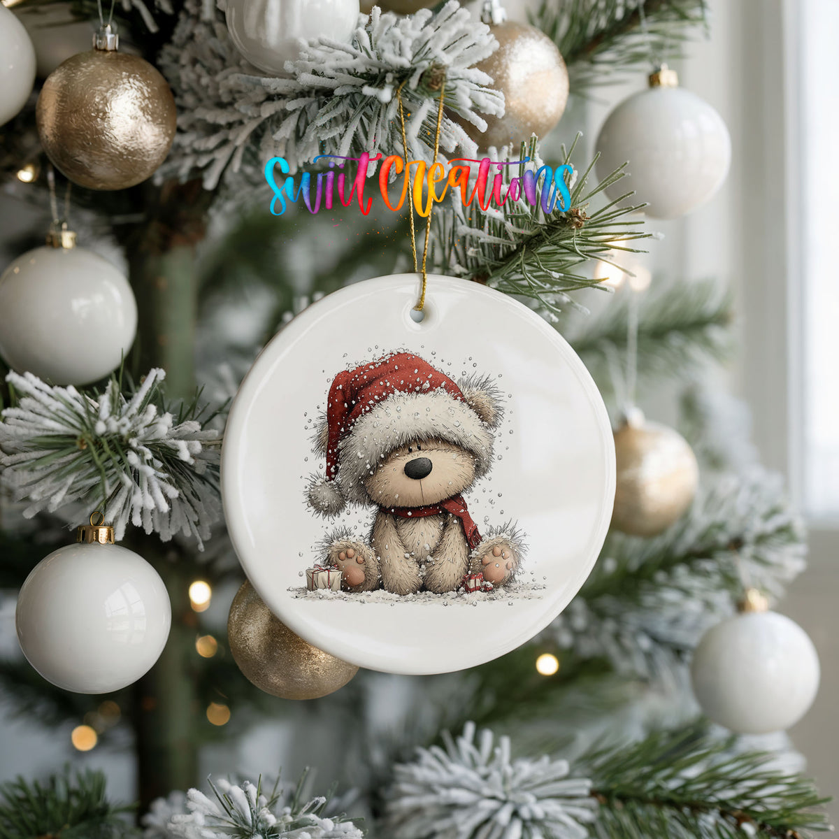 seated teddy bear in a red Santa hat ceramic Christmas ornament hanging on a frosted tree with ornaments