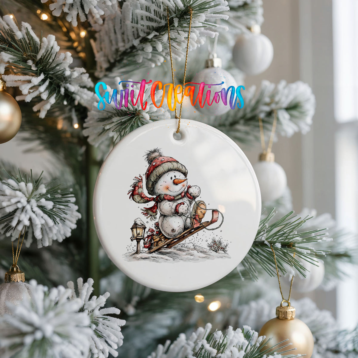 snowman riding a wooden sled ceramic Christmas ornament hanging on a frosted Christmas tree