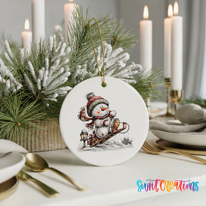 snowman riding a wooden sled ceramic Christmas ornament shown in a holiday table setting