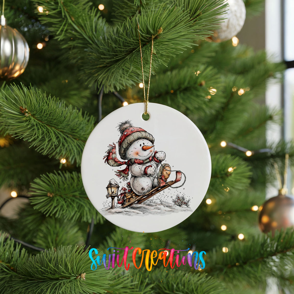 snowman riding a wooden sled ceramic Christmas ornament hanging on a lit Christmas tree