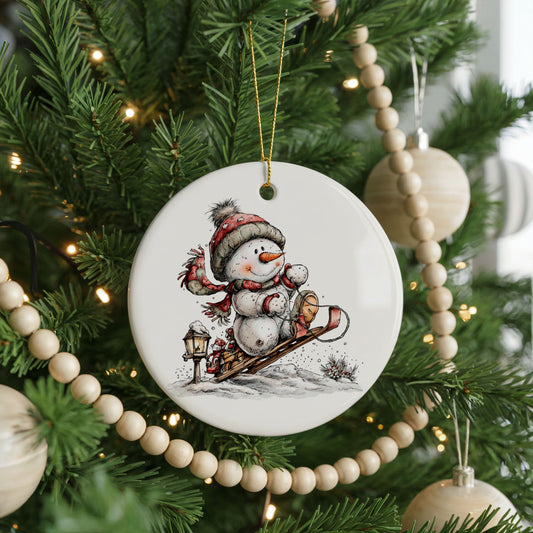 Snowman Riding Wooden Sled ceramic Christmas ornament, front view