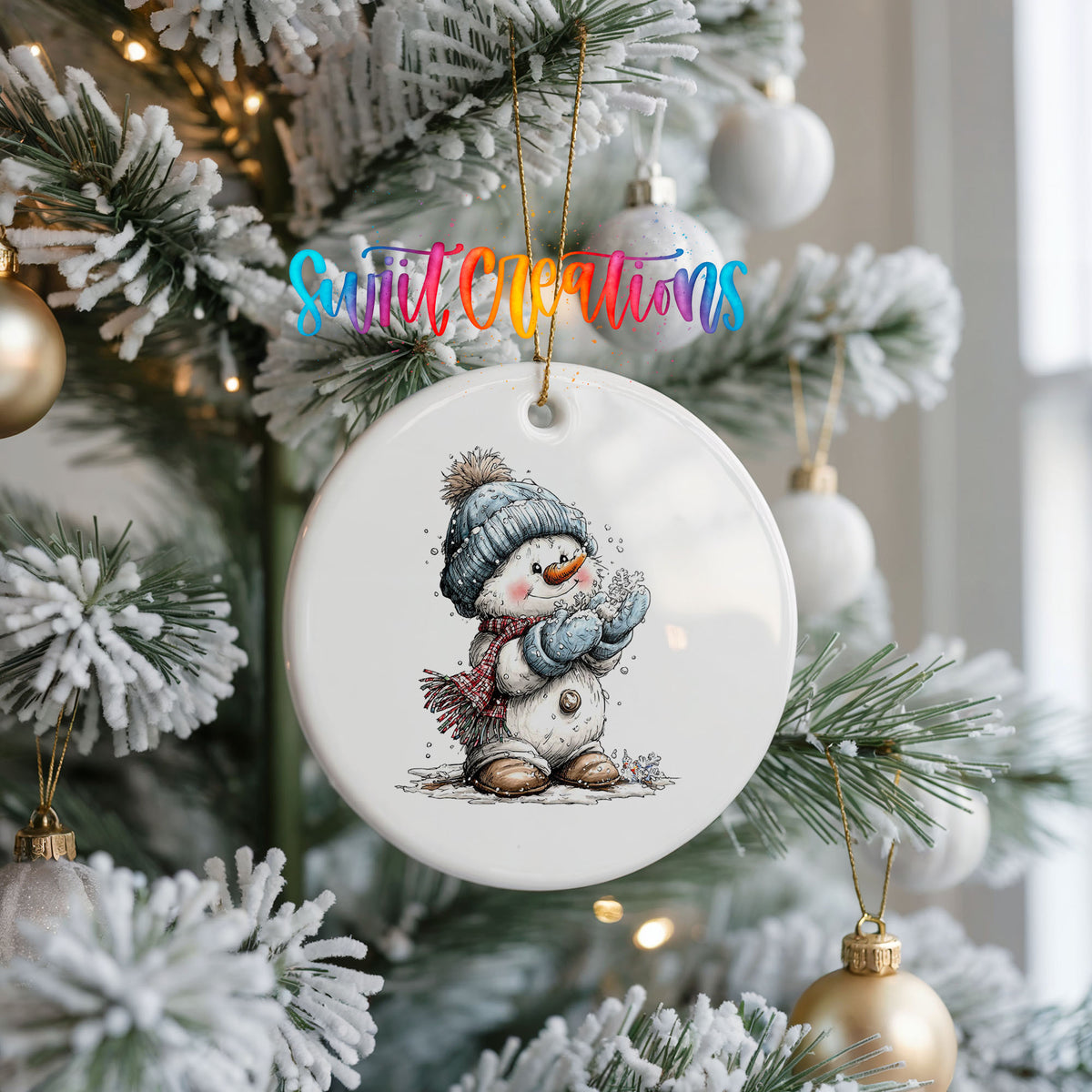 snowman in a blue hat holding a snowball ceramic Christmas ornament hanging on a frosted Christmas tree