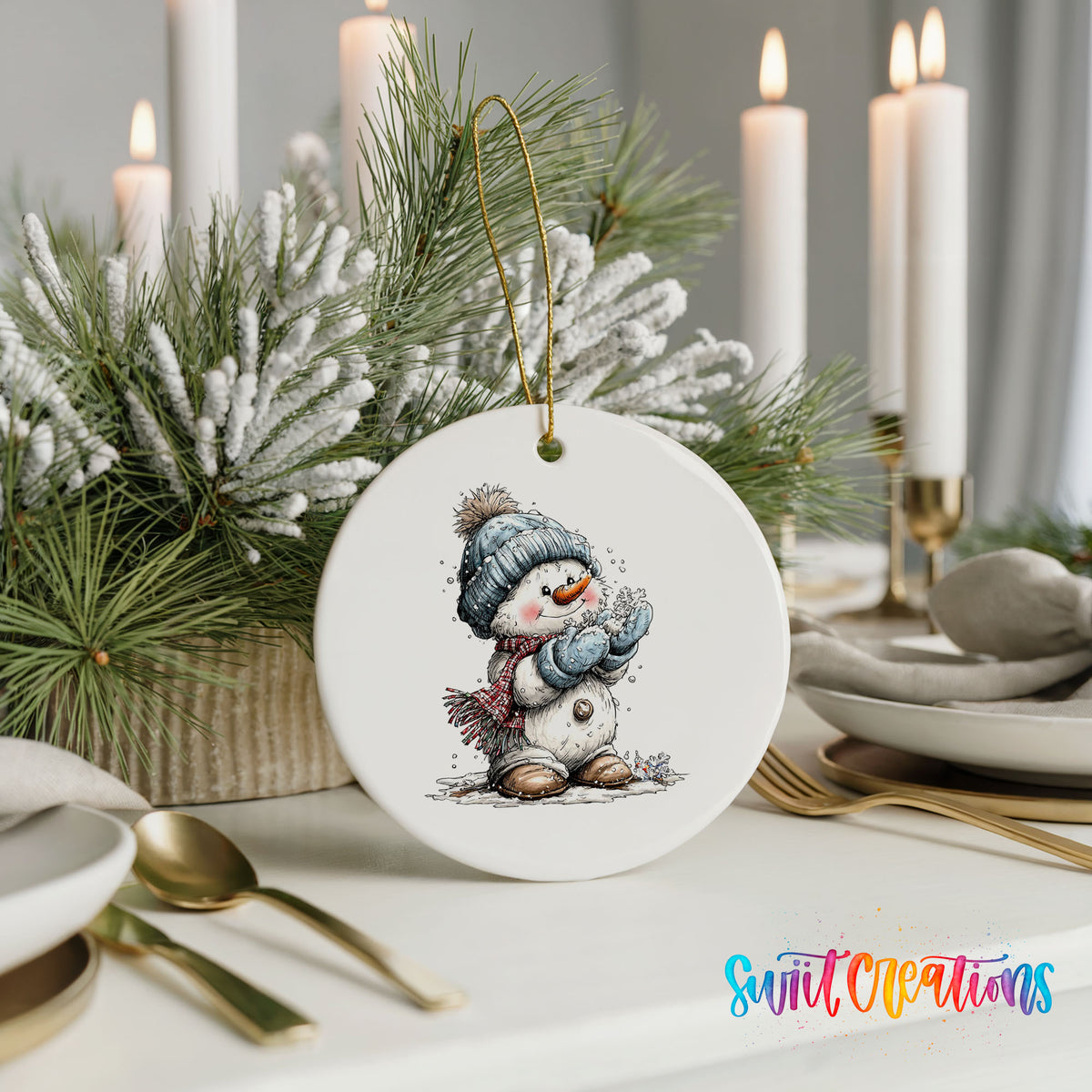 snowman in a blue hat holding a snowball ceramic Christmas ornament shown in a holiday table setting