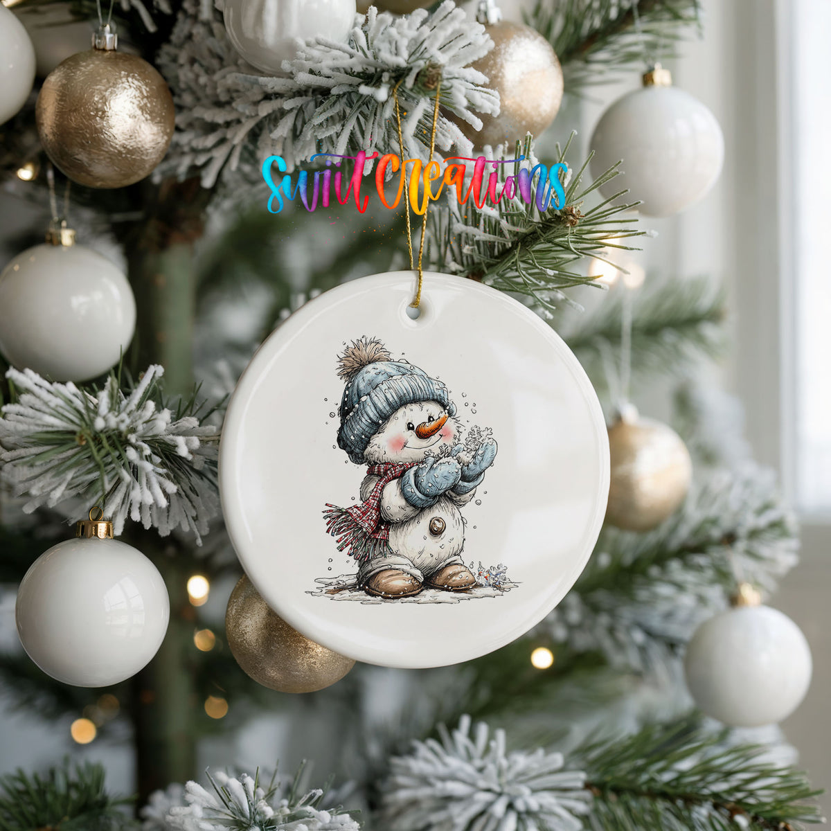 snowman in a blue hat holding a snowball ceramic Christmas ornament hanging on a frosted tree with ornaments