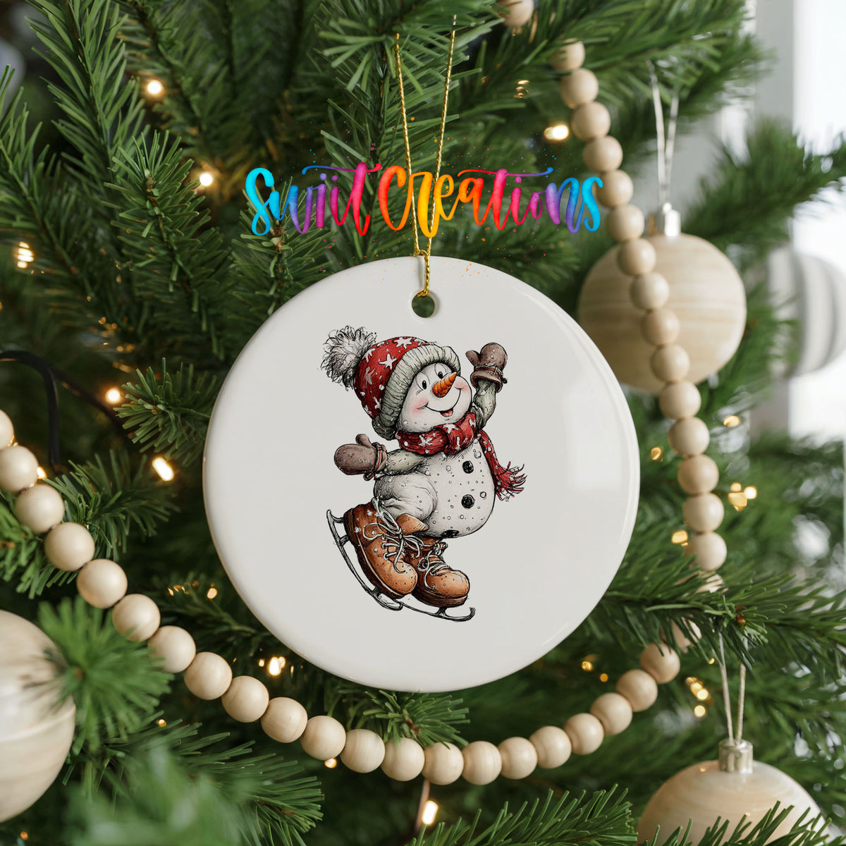 snowman ice skating in a red winter hat ceramic Christmas ornament hanging on a green Christmas tree
