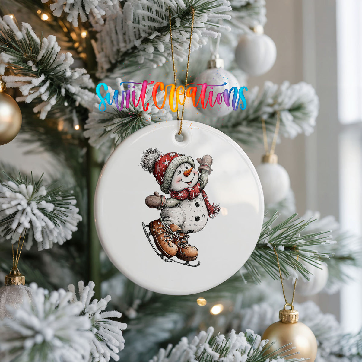 snowman ice skating in a red winter hat ceramic Christmas ornament hanging on a frosted Christmas tree