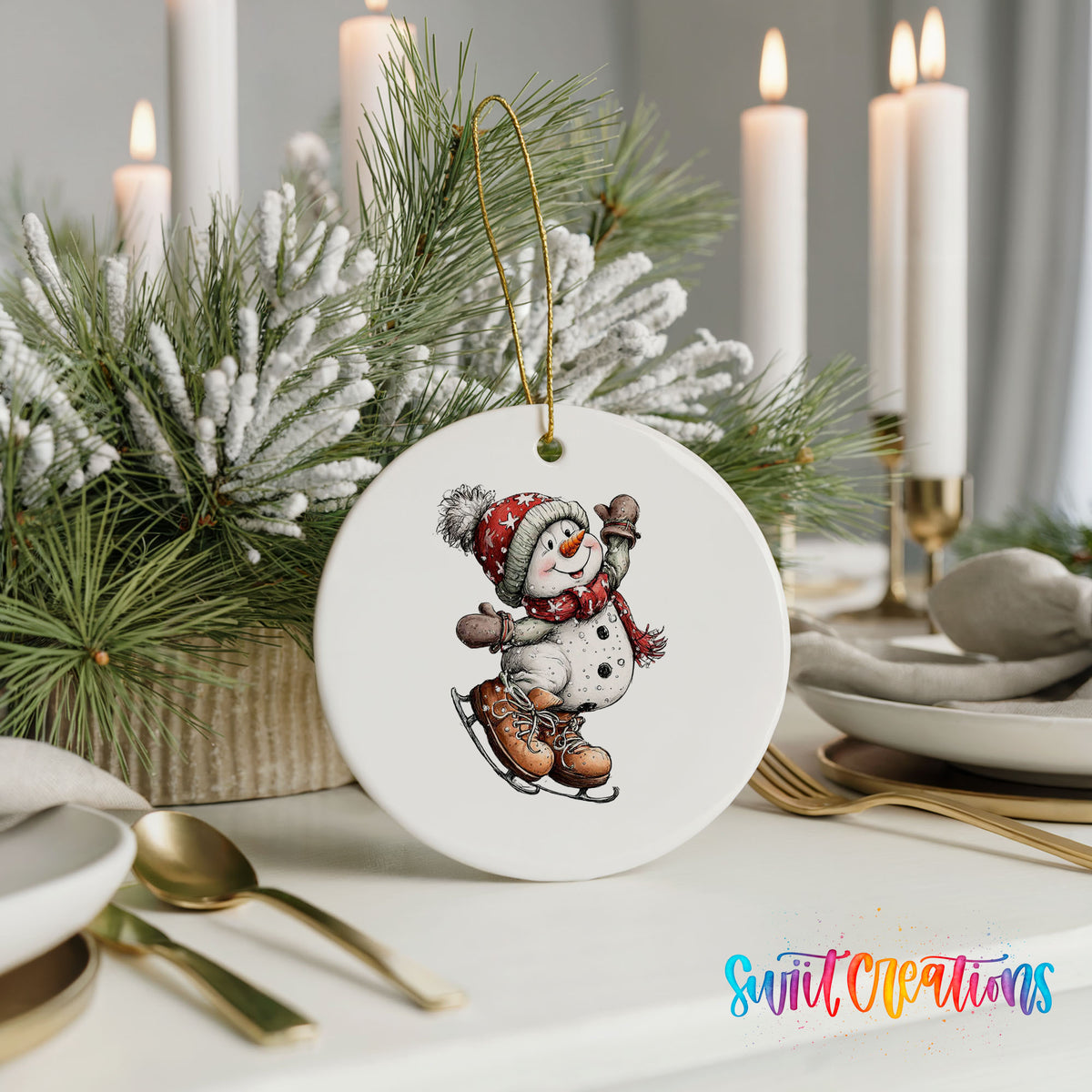 snowman ice skating in a red winter hat ceramic Christmas ornament shown in a holiday table setting