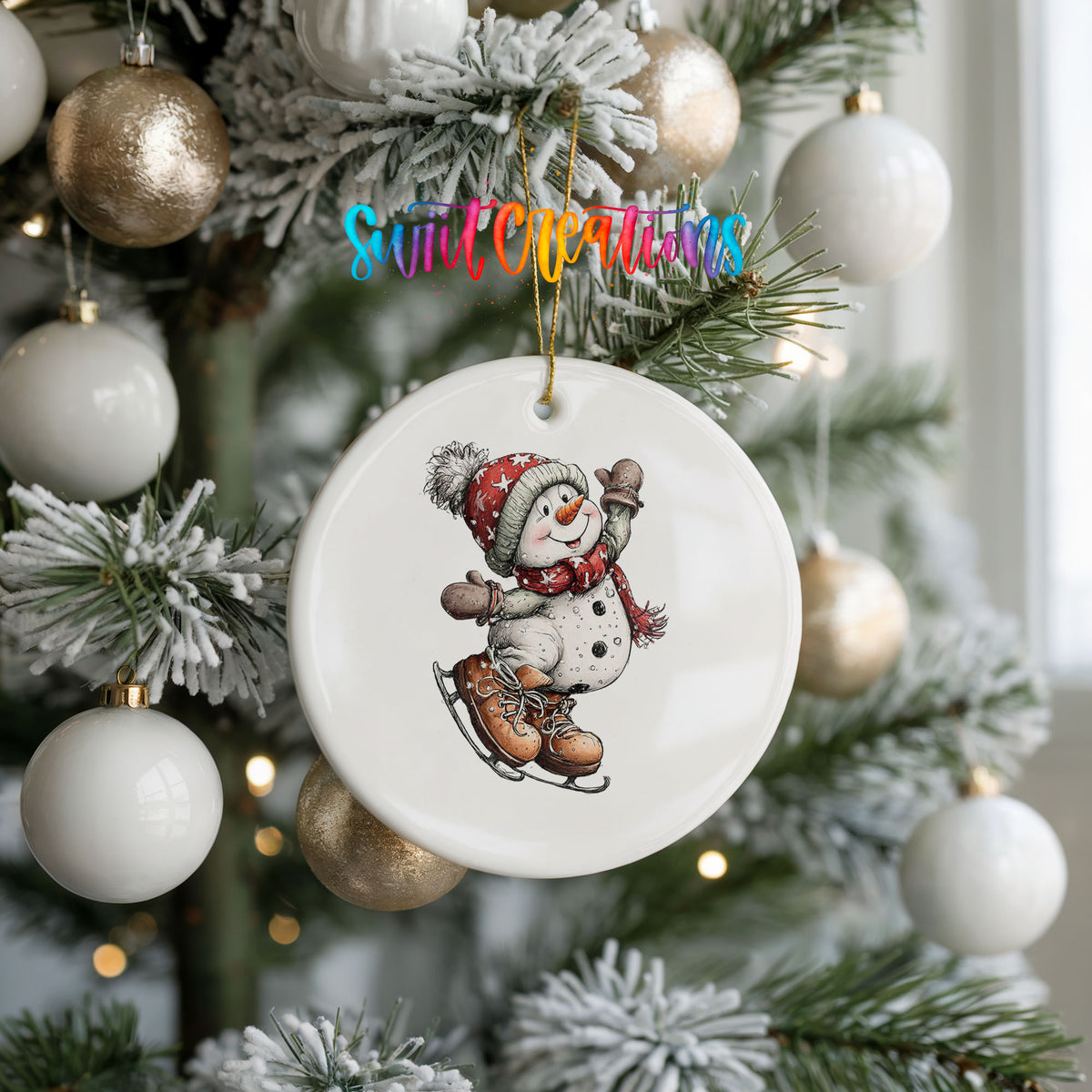 snowman ice skating in a red winter hat ceramic Christmas ornament hanging on a frosted tree with ornaments