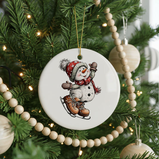 Ice Skating Snowman ceramic Christmas ornament, front view