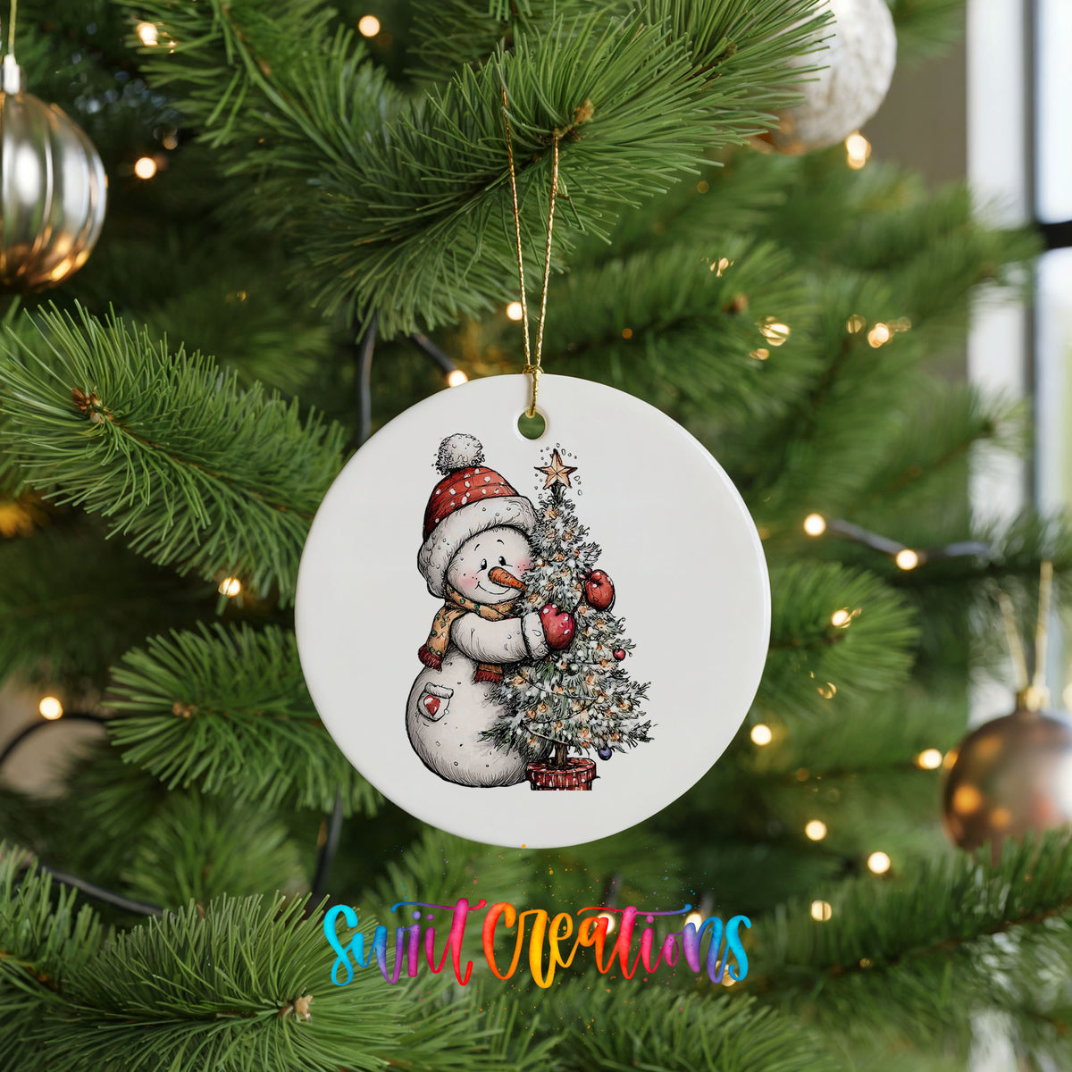 snowman decorating a snowy Christmas tree ceramic Christmas ornament hanging on a lit Christmas tree