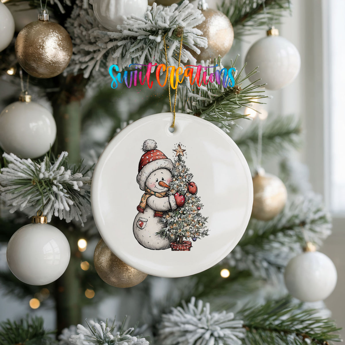 snowman decorating a snowy Christmas tree ceramic Christmas ornament hanging on a frosted tree with ornaments