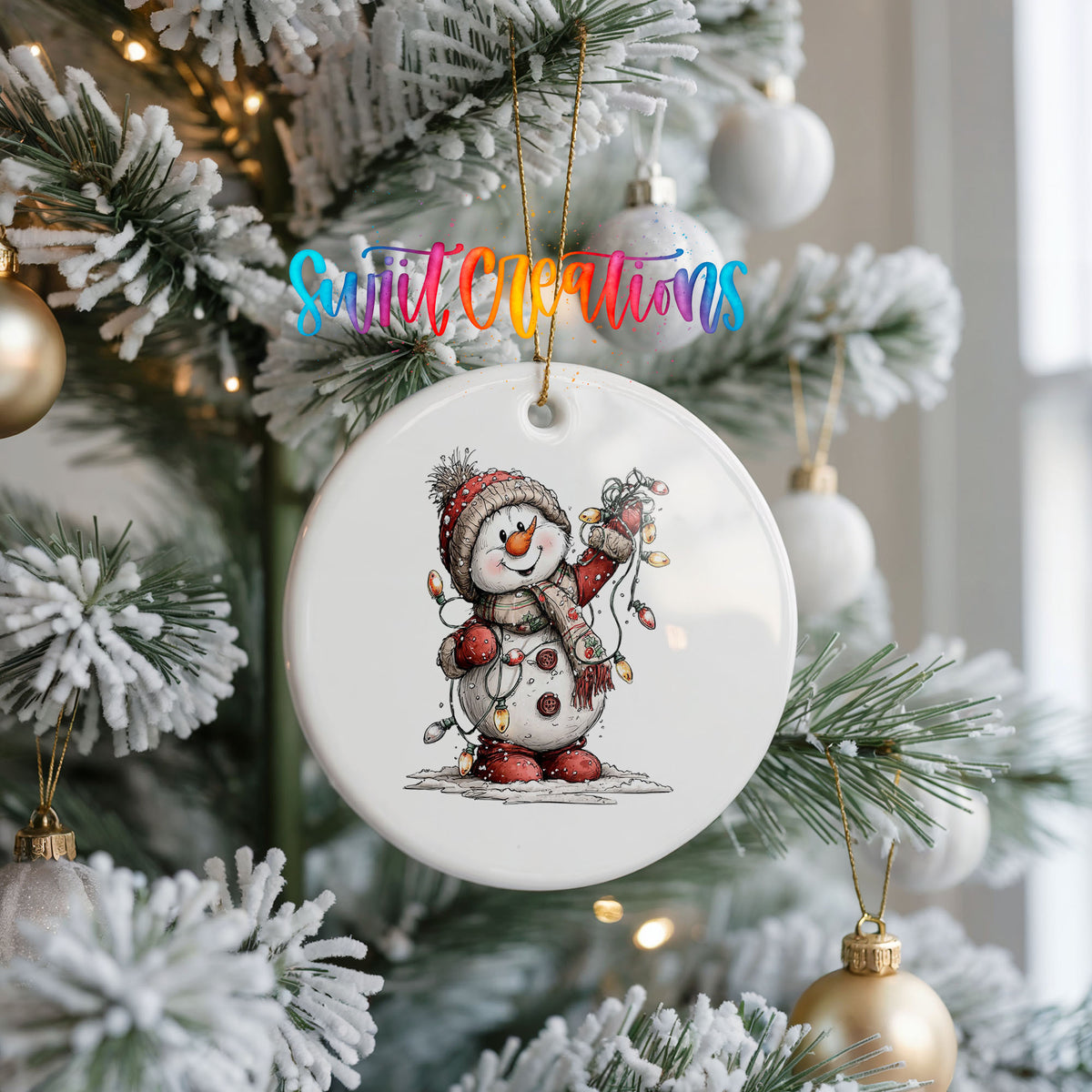 snowman tangled in colorful Christmas lights ceramic Christmas ornament hanging on a frosted Christmas tree