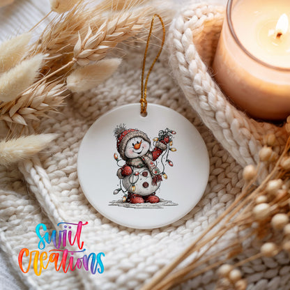 snowman tangled in colorful Christmas lights ceramic Christmas ornament styled on a cozy knit blanket